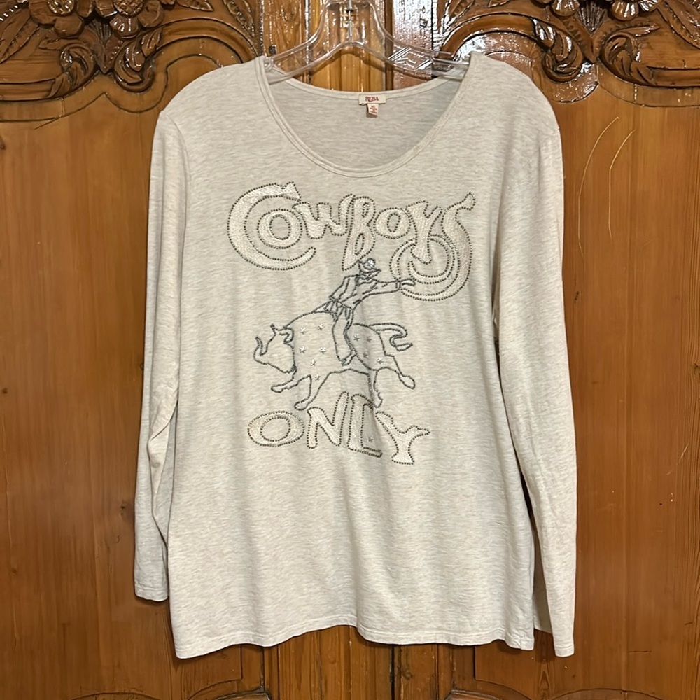 Reba Bling Rodeo Themed Tee Shirt with Beaded “Cowboys Only” Detail